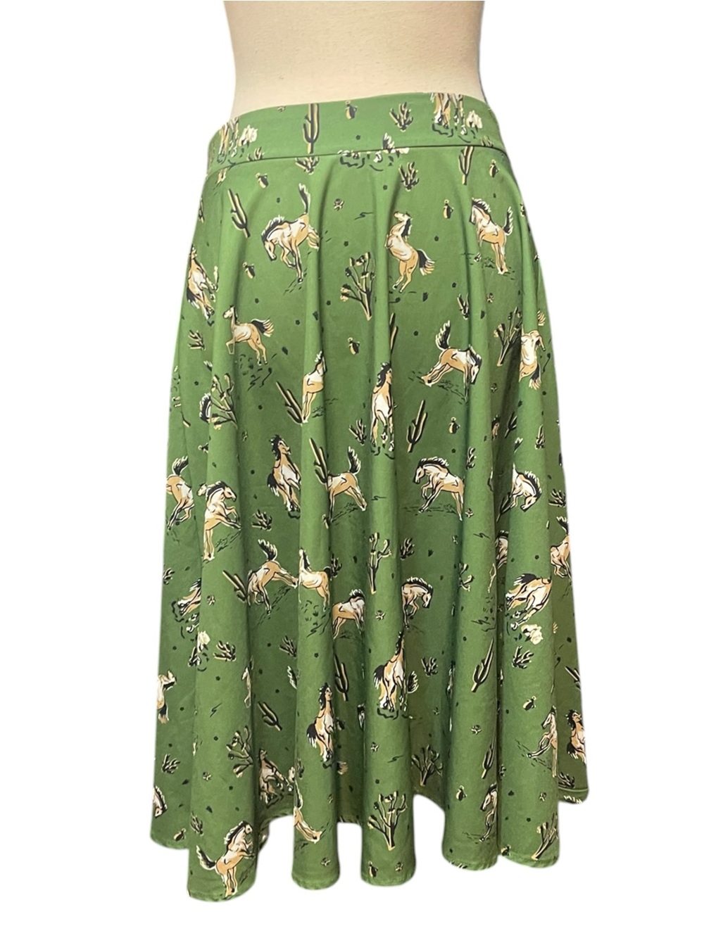 Green A-Line Horse Print Skirt